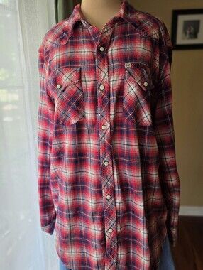 Salt Valley Western Flannel‎ Pearl Snap Shirt Large Plaid Red Blue Cotton Mens